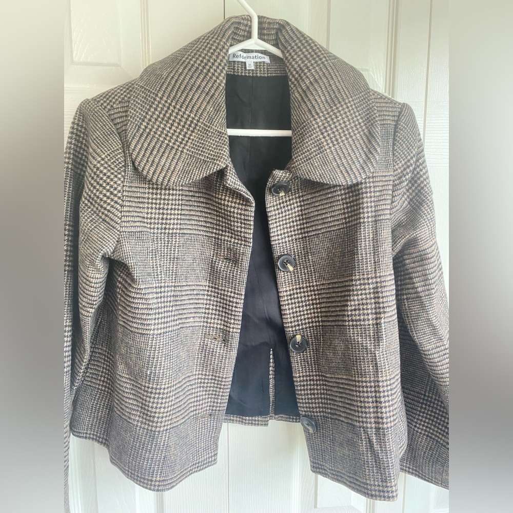 New Reformation Dillon Wool Jacket in Brown Plaid - Picture 9 of 11